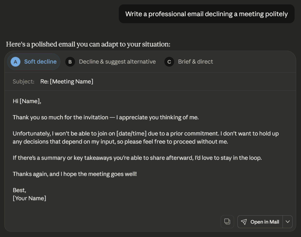 Generative AI producing text from a prompt example