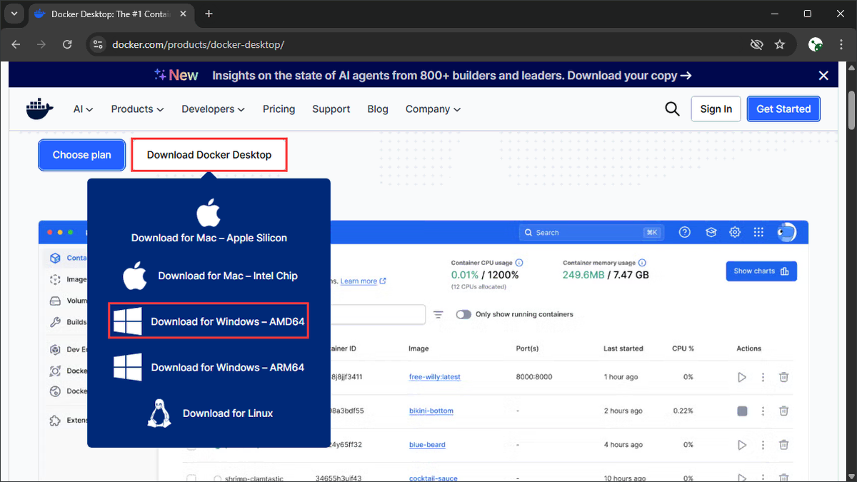 Docker Desktop download page for Windows showing the OS options