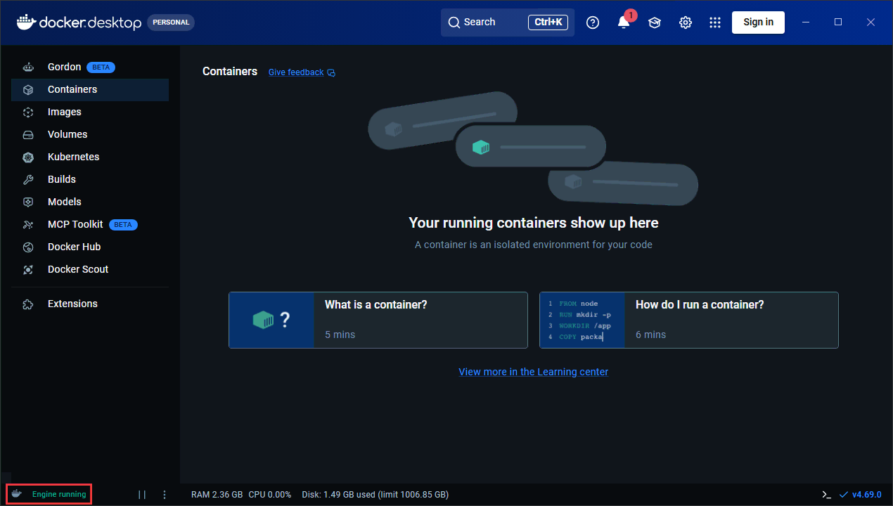 Docker Desktop with the Engine running status indicating the installation is successful