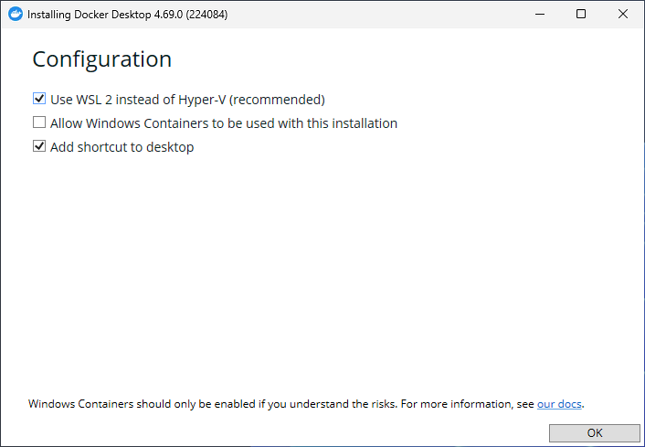 Selecting the WSL 2 configuration option in Docker Desktop installation
