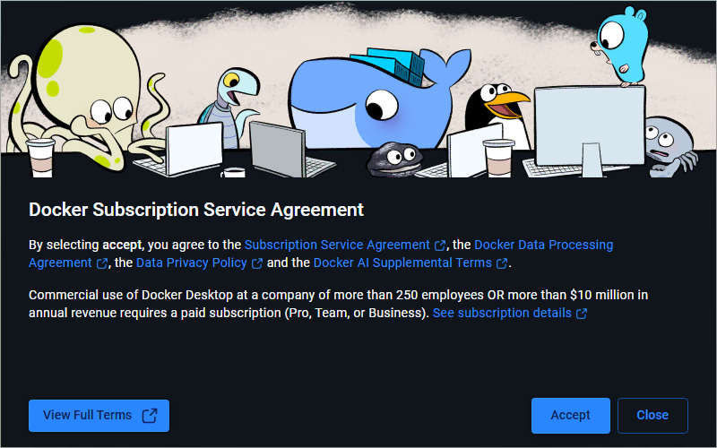 Accepting the Docker Subscription Service Agreement