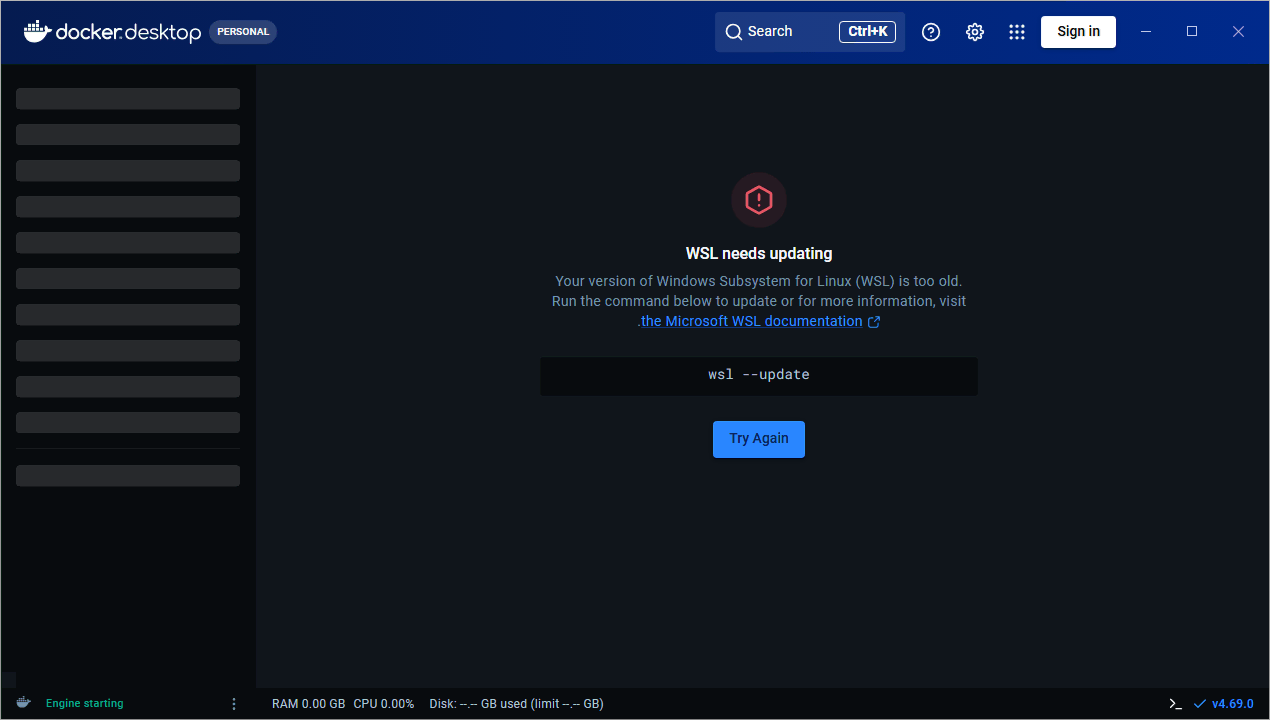 Docker Desktop showing alert to update Windows Subsystem for Linux (WSL)