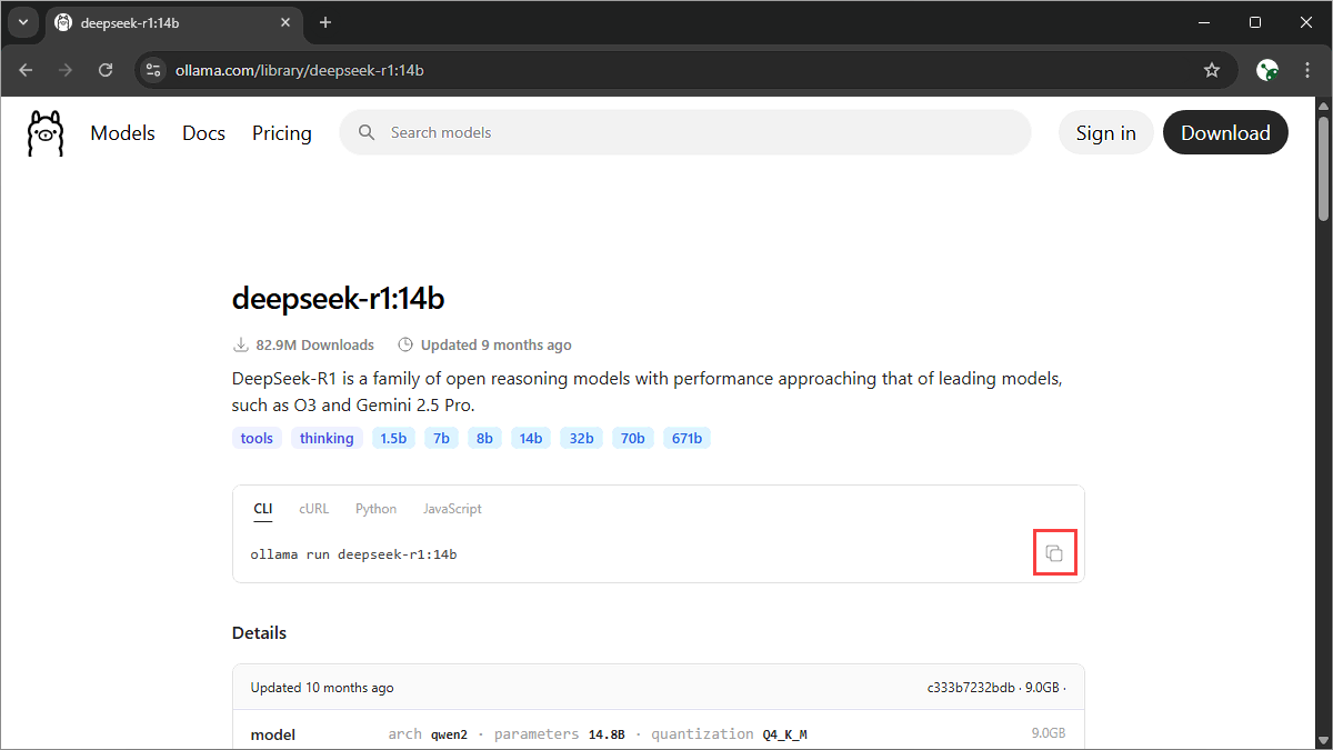 Copying the DeepSeek-R1 14b run command from the Ollama library