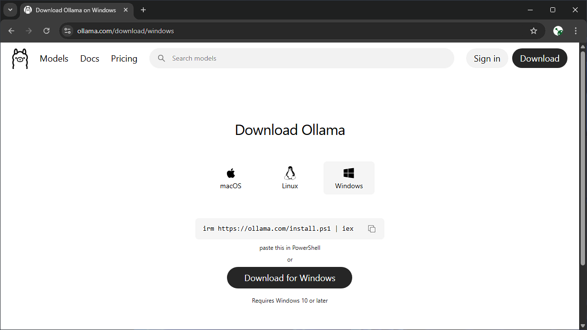 Ollama download page for Windows showing the Download button
