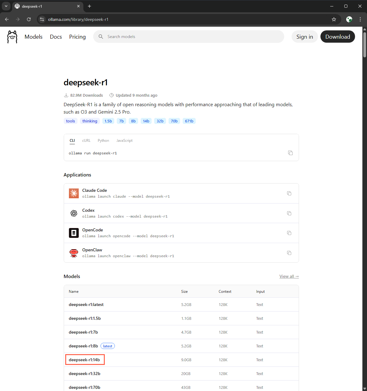 Selecting DeepSeek-R1 14b parameter model in Ollama library