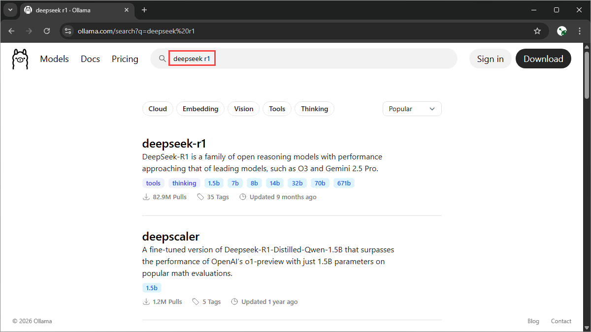 Searching for DeepSeek-R1 model in the Ollama library