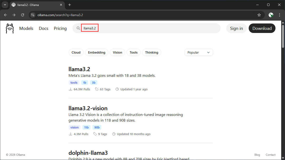 Searching for Llama 3.2 model in the Ollama library