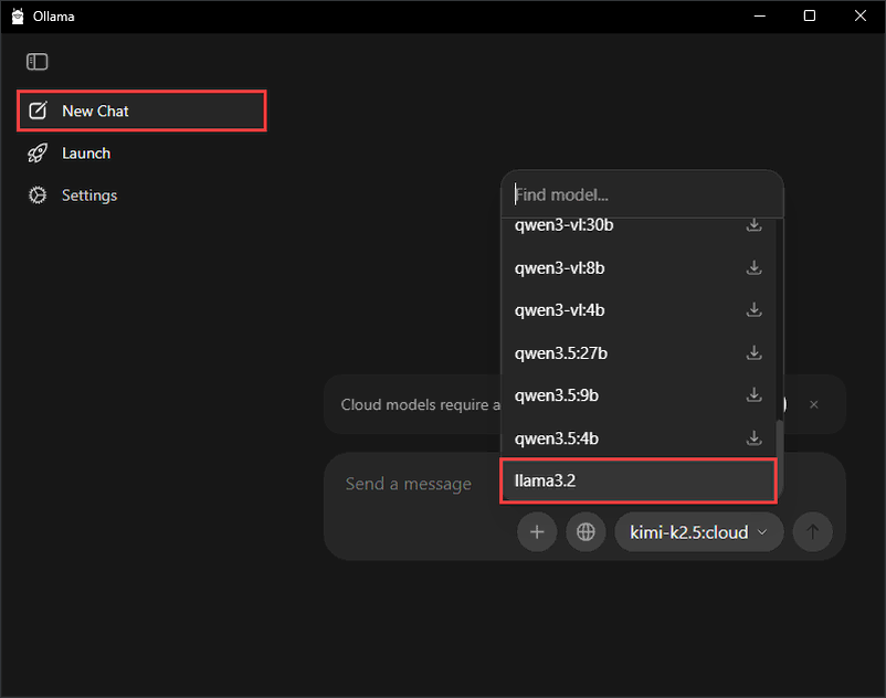 Selecting Llama 3.2 model from the model dropdown list in the Ollama application