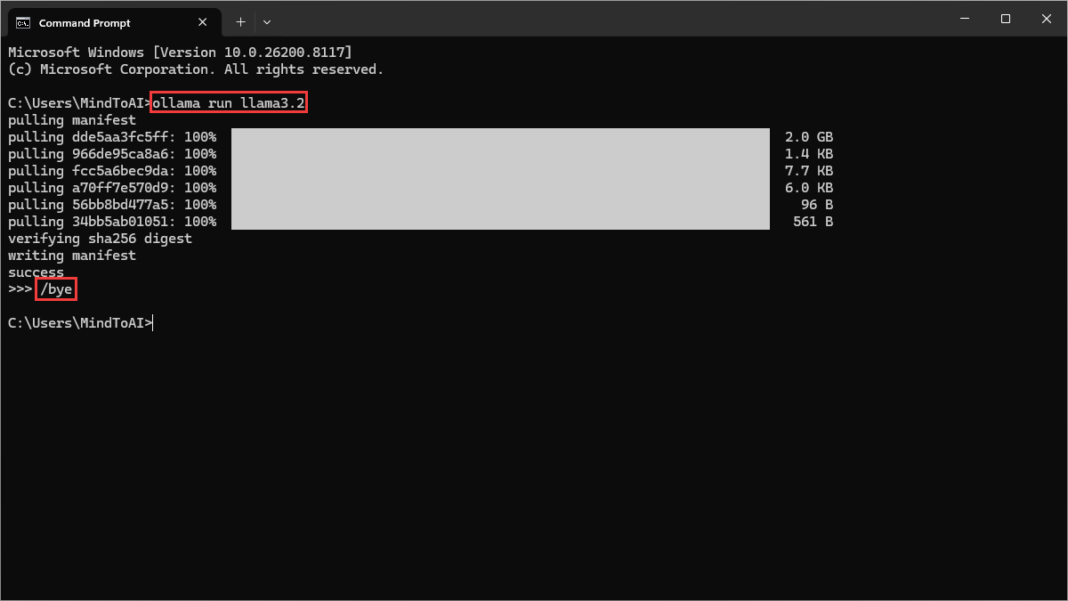 Command Prompt showing run Llama 3.2 model in command prompt