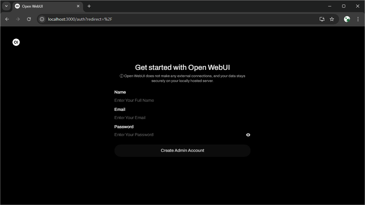 Open WebUI local admin account creation screen
