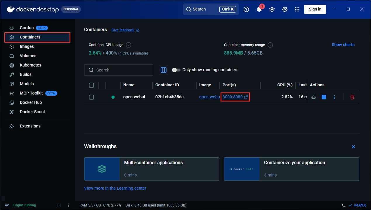 Open WebUI container running in Docker Desktop