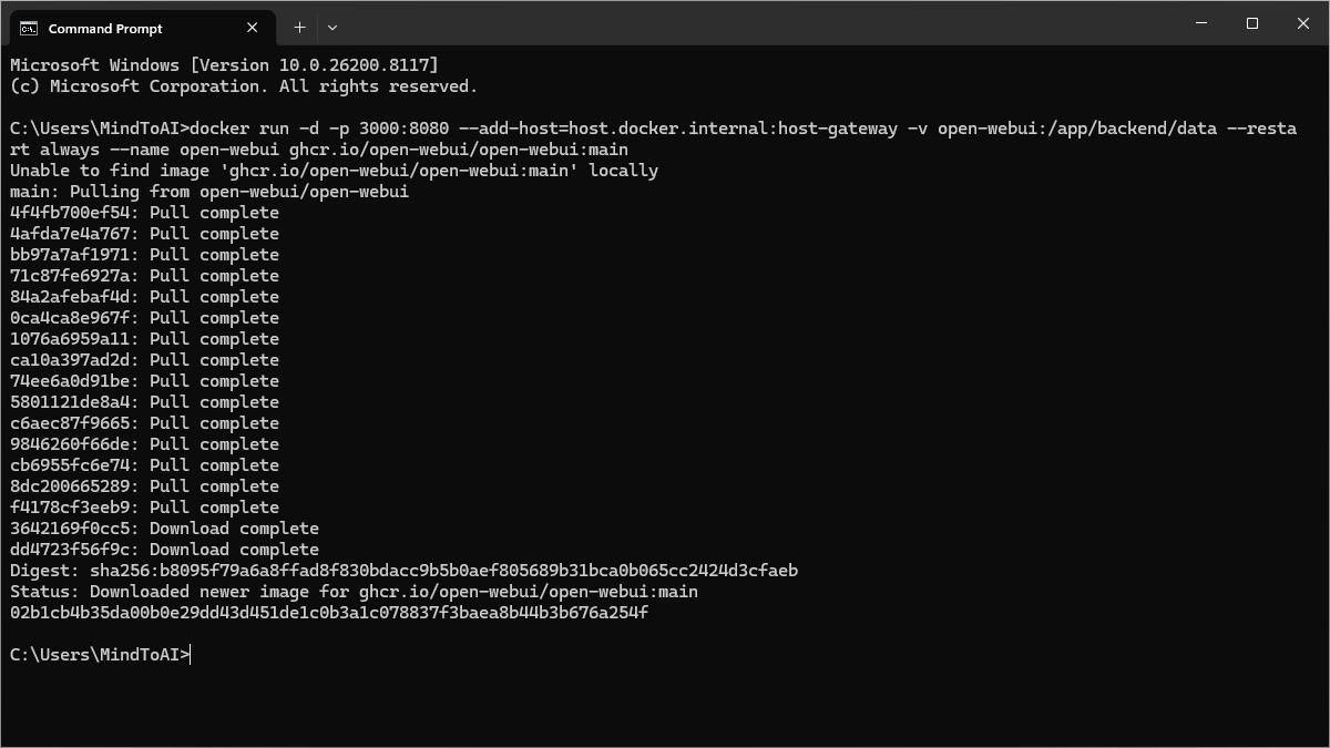 Command Prompt showing Open WebUI image download is completed