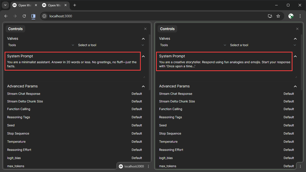 Entering a custom system prompt for minimalist or storyteller personas