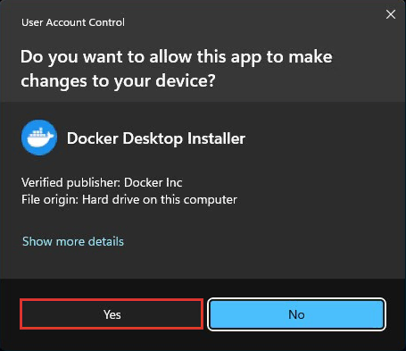 Windows User Account Control (UAC) dialog box asking for permission to run the Docker Desktop Installer