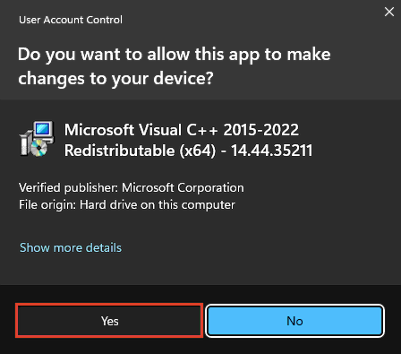 Windows User Account Control (UAC) dialog box asking for permission to install Microsoft Visual C++ 2015-2022 Redistributable