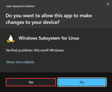 Windows User Account Control (UAC) dialog box asking for permission to run the Windows Subsystem for Linux (WSL) update