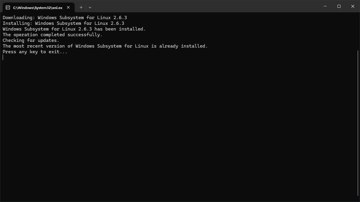Windows Terminal showing WSL update is completed successfully