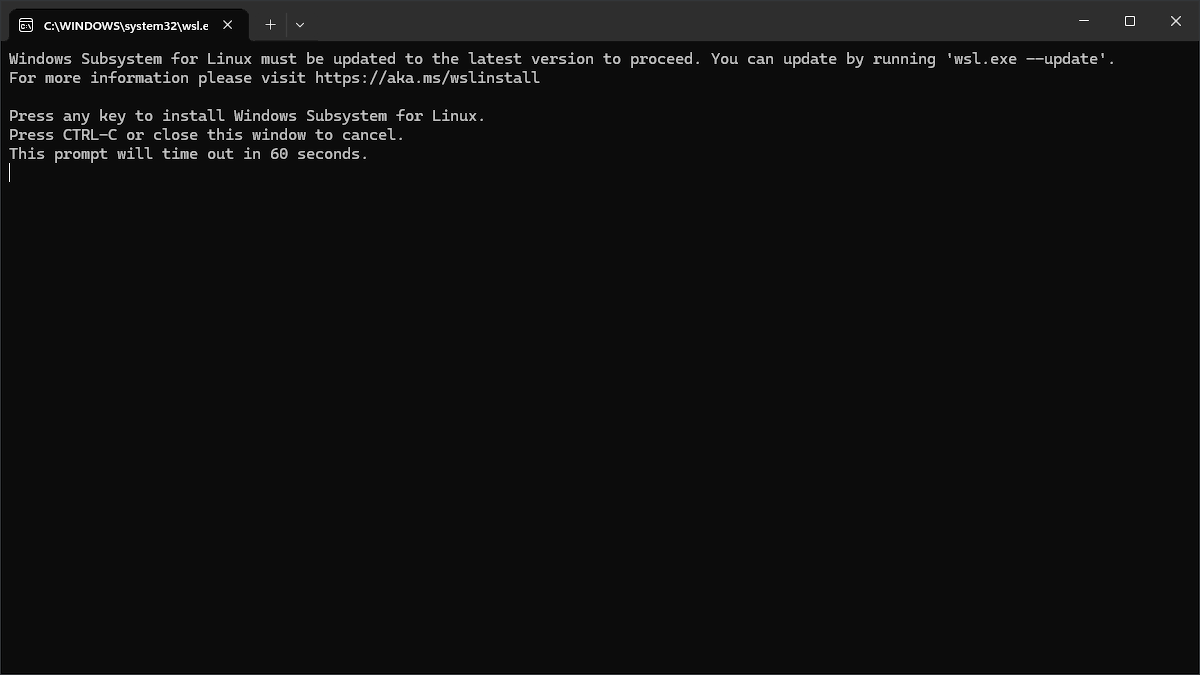 Pressing any key in the Windows terminal to start the WSL update