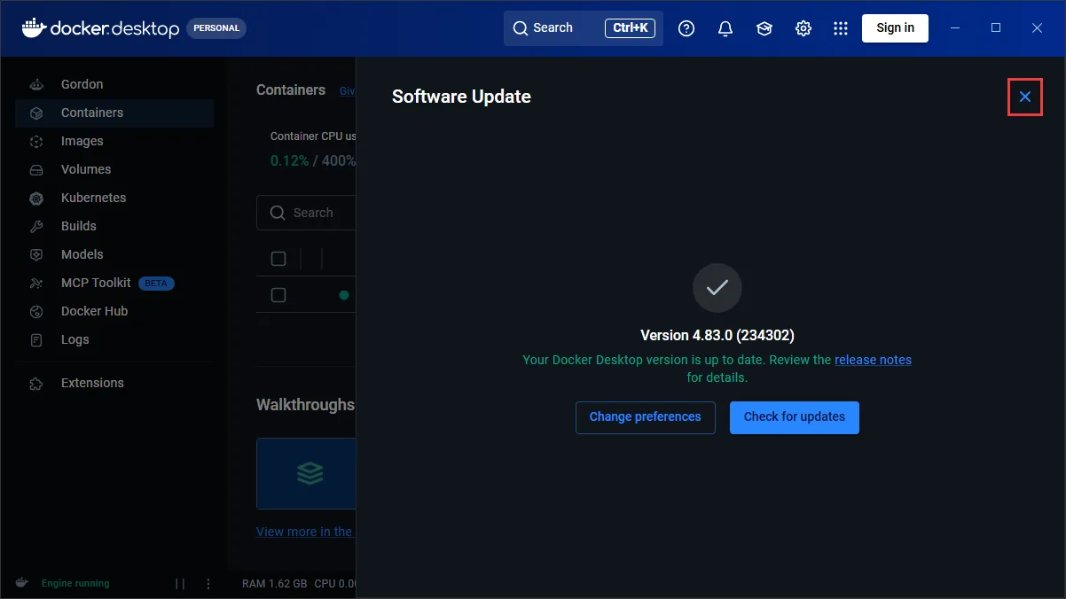 Jendela Software Update Docker Desktop dengan opsi Check for updates