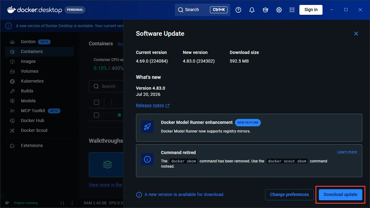 Jendela Software Update Docker Desktop dengan tombol Download update