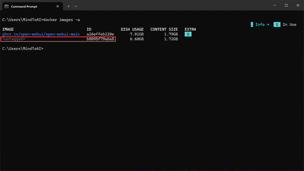 Command Prompt menampilkan seluruh image Docker, termasuk image bertanda untagged