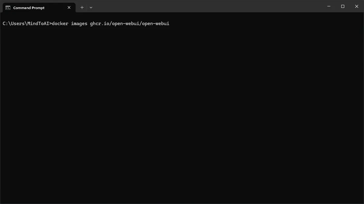 Command Prompt menampilkan image Docker Open WebUI yang terpasang