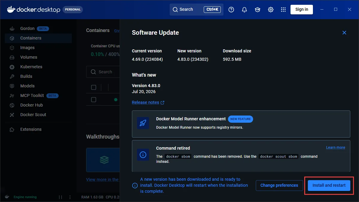 Jendela Software Update Docker Desktop dengan tombol Install and restart