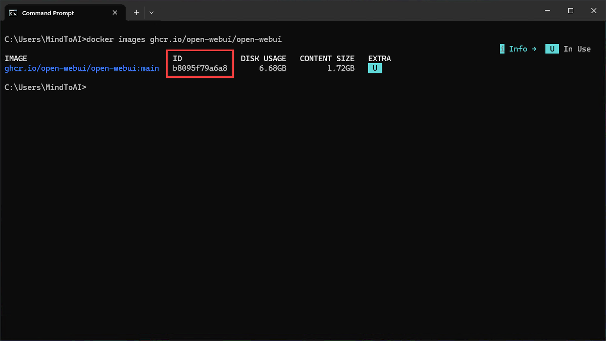 Daftar image Docker yang menampilkan Image ID Open WebUI saat ini