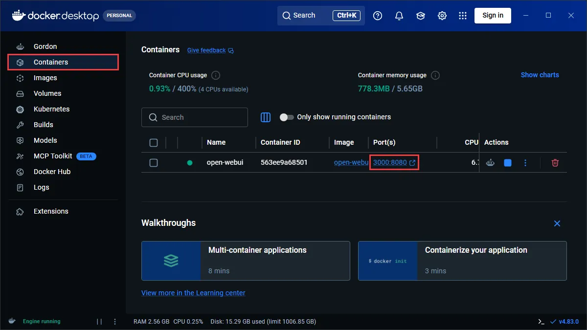 Docker Desktop menampilkan port Open WebUI untuk membuka aplikasi
