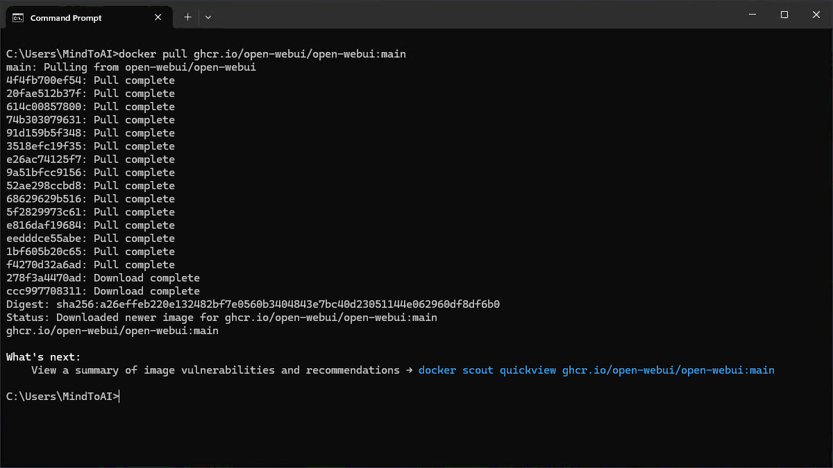Docker sedang mengunduh image Open WebUI terbaru