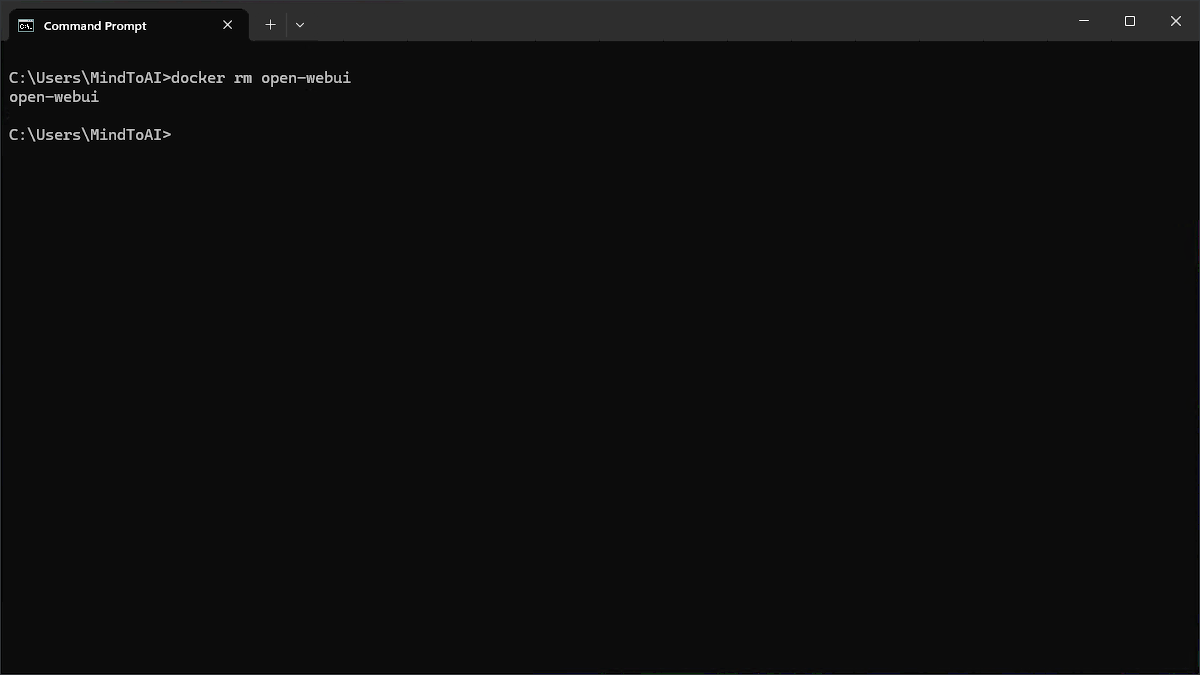 Command Prompt menghapus container Docker Open WebUI