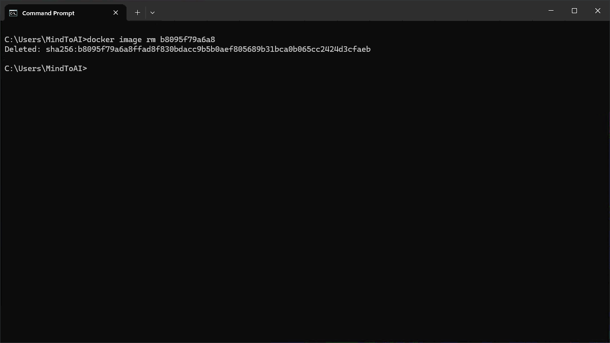 Command Prompt menghapus image Docker Open WebUI lama