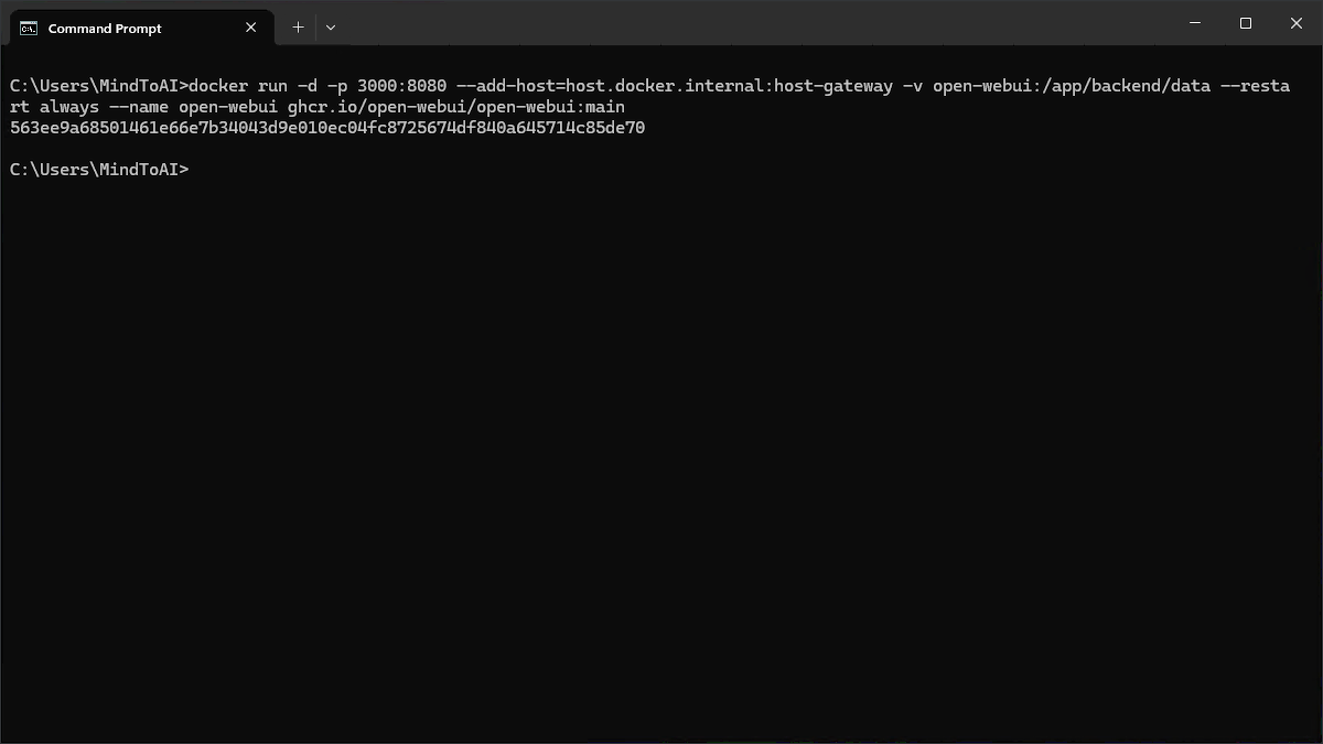 Command Prompt membuat container Docker Open WebUI yang baru