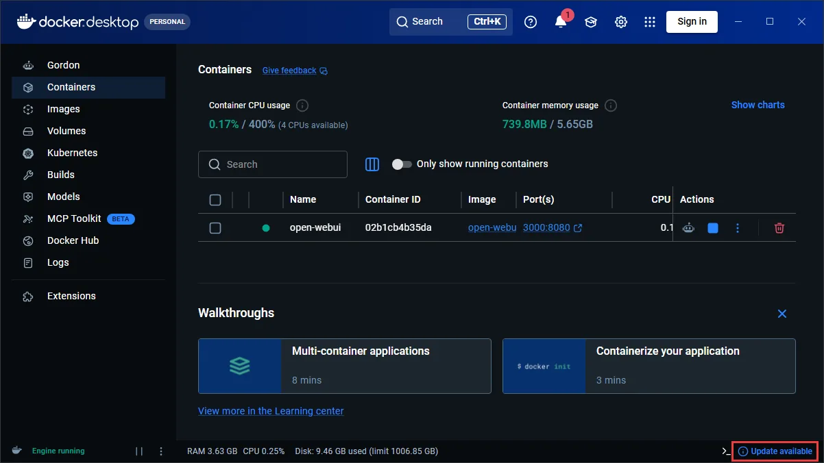 Docker Desktop menampilkan notifikasi pembaruan berikutnya setelah restart