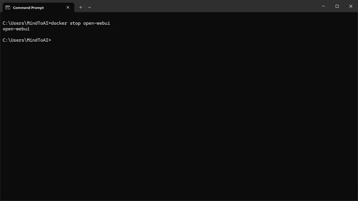 Command Prompt menghentikan container Docker Open WebUI