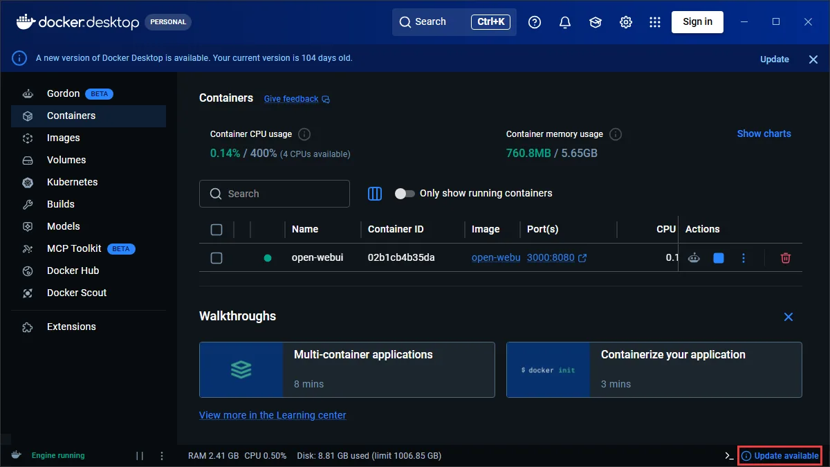 Docker Desktop menampilkan notifikasi Update available