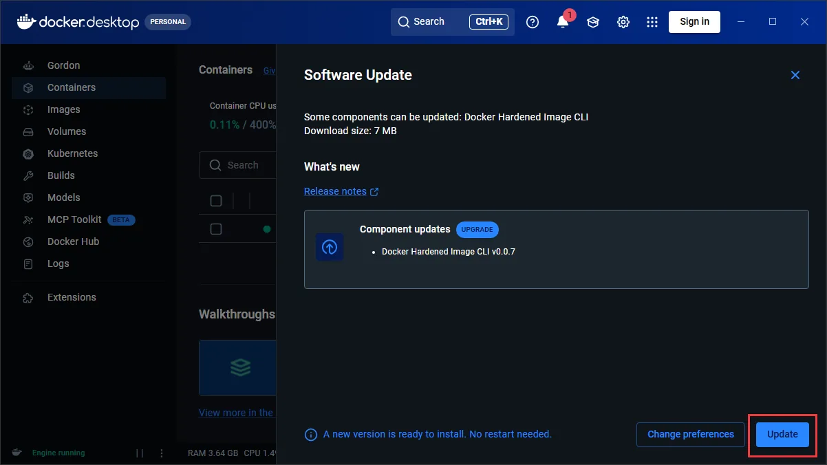 Jendela Software Update Docker Desktop dengan tombol Update