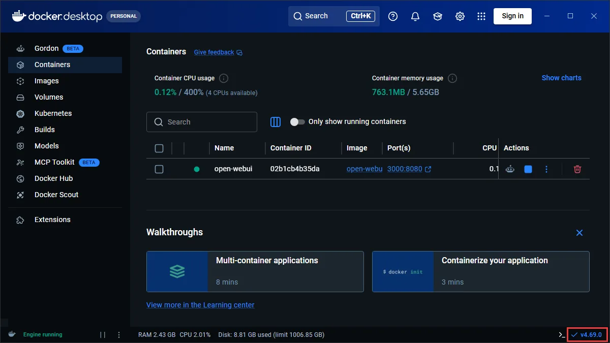 Docker Desktop menampilkan nomor versi untuk memeriksa pembaruan secara manual