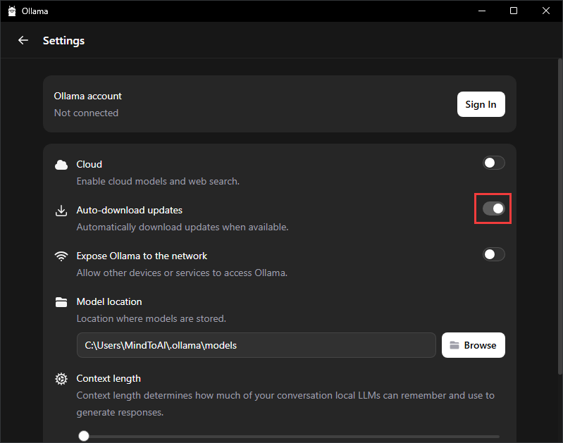 Pengaturan Ollama yang menampilkan opsi Auto-download updates dalam keadaan aktif