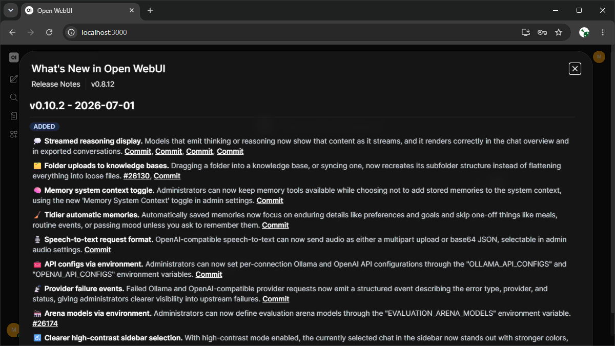 Open WebUI menampilkan halaman Release Notes versi terbaru