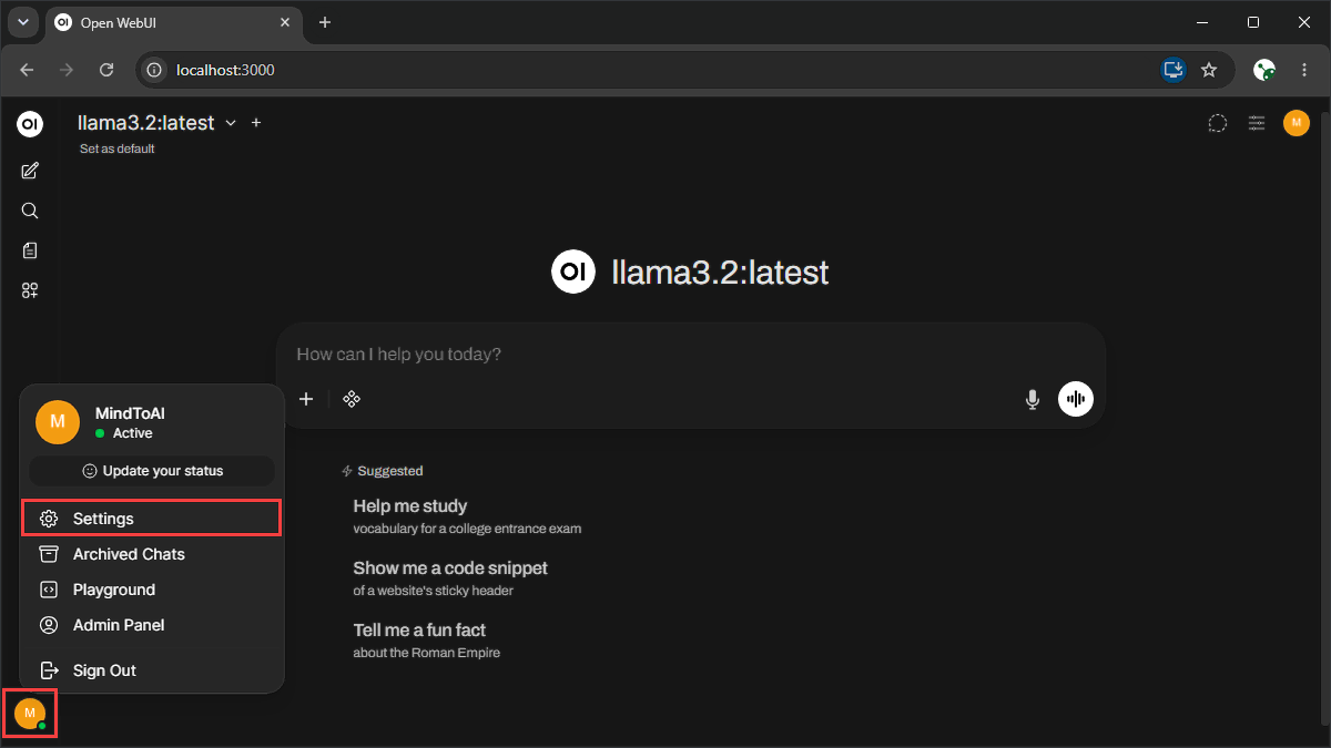 Menu pengguna Open WebUI dengan opsi Settings