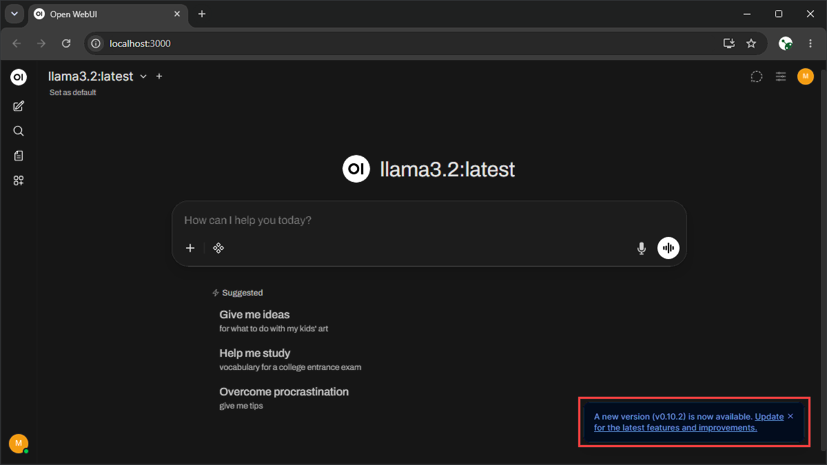 Open WebUI menampilkan notifikasi versi baru tersedia